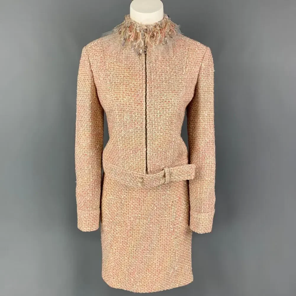 MONIQUE LHUILLIER Size 6 Beige Salmon Viscose Blend Tweed Zip Up Skirt Set